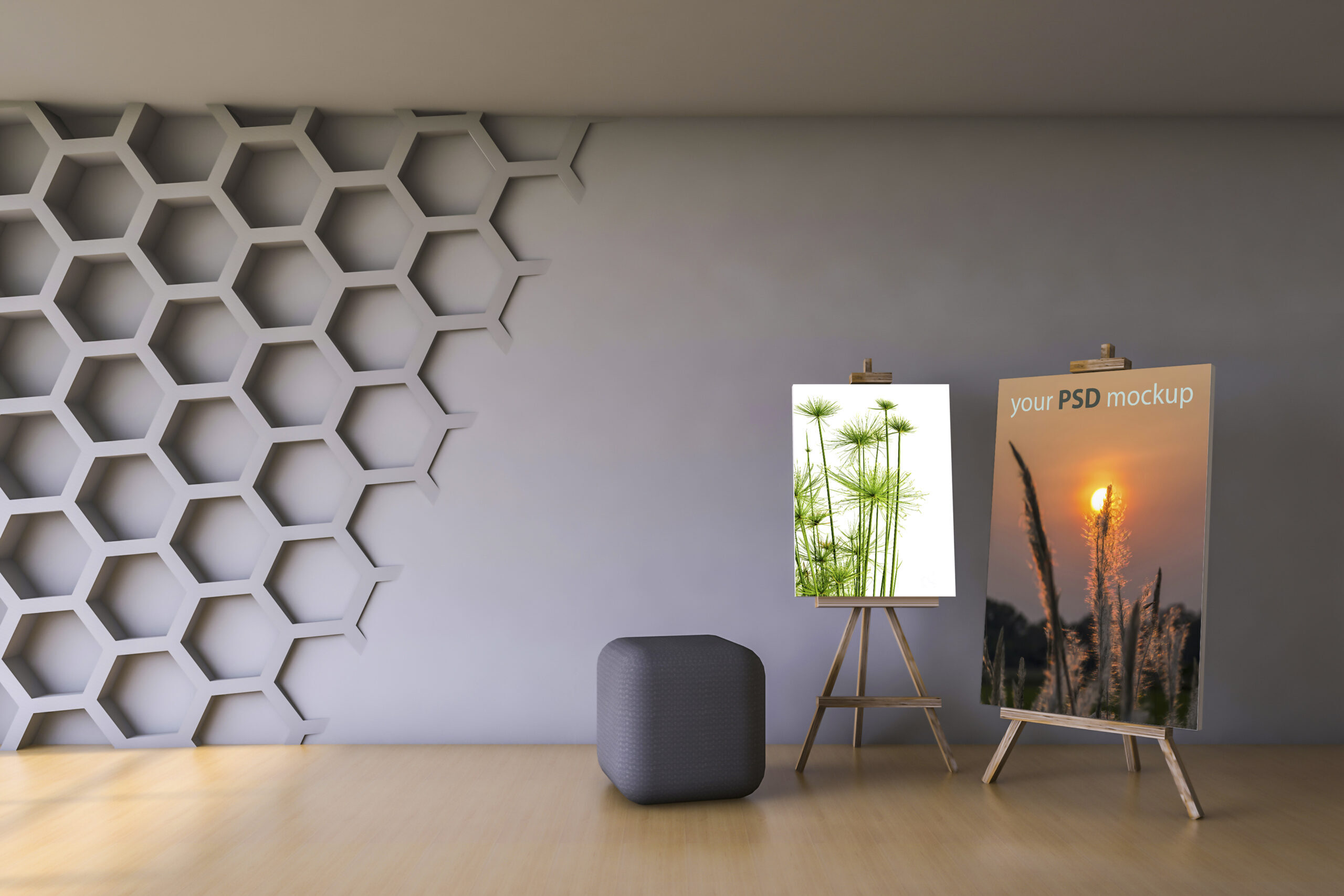 3Ds rendered interior with hexagon wall and wooden floor